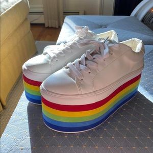 White with Rainbow Sole Platform Sneakers